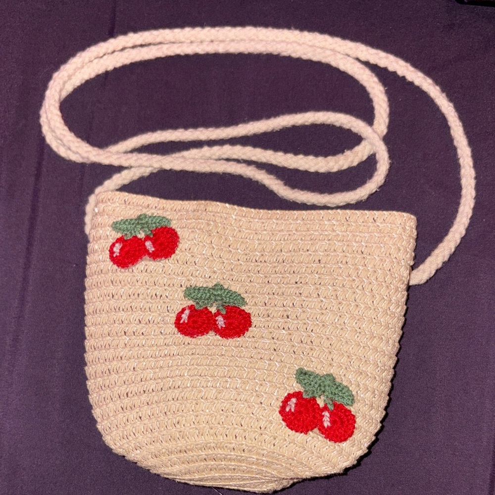 Chic Cream Straw Bag with Cherry Embroidery